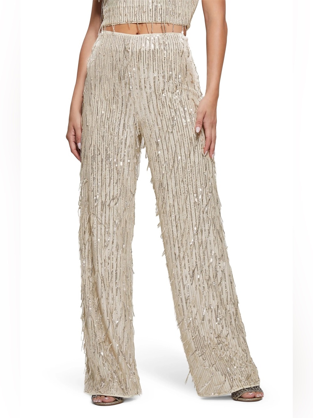 Guess Champagne Sequin Fringe Wide-Leg Pants